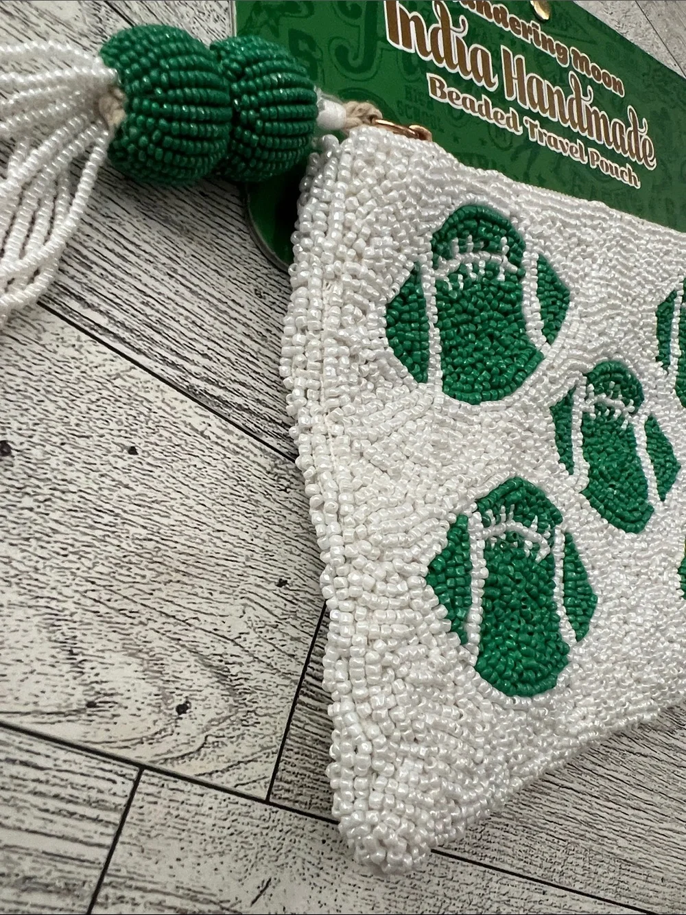 Wandering Moon India Handmade Beaded Travel Pouch with Green Football Motif